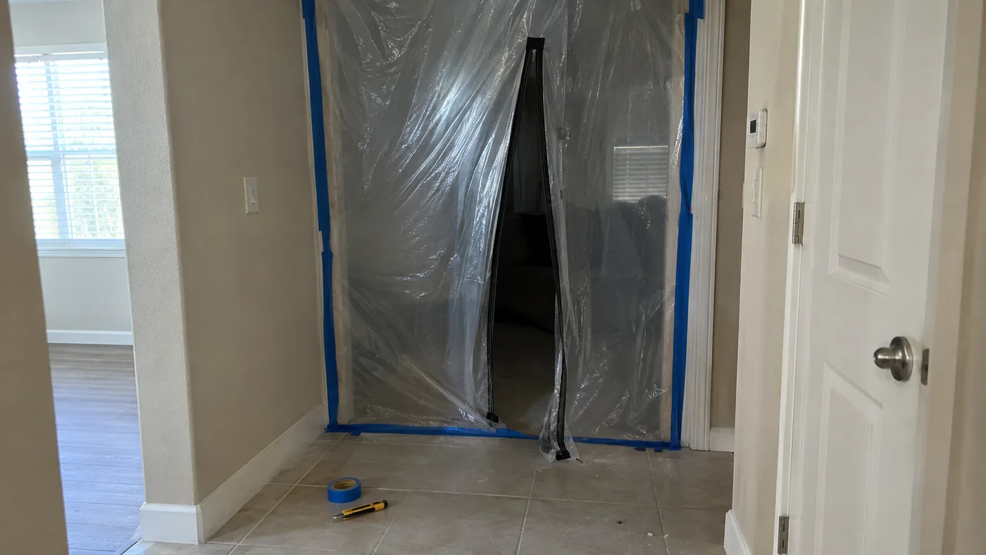 Plastic containment barrier with a zipper door sealing off a room during mold removal in West Palm Beach