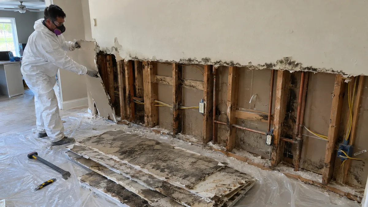Mold damaged drywall being cut out and removed in a Palm Beach County property