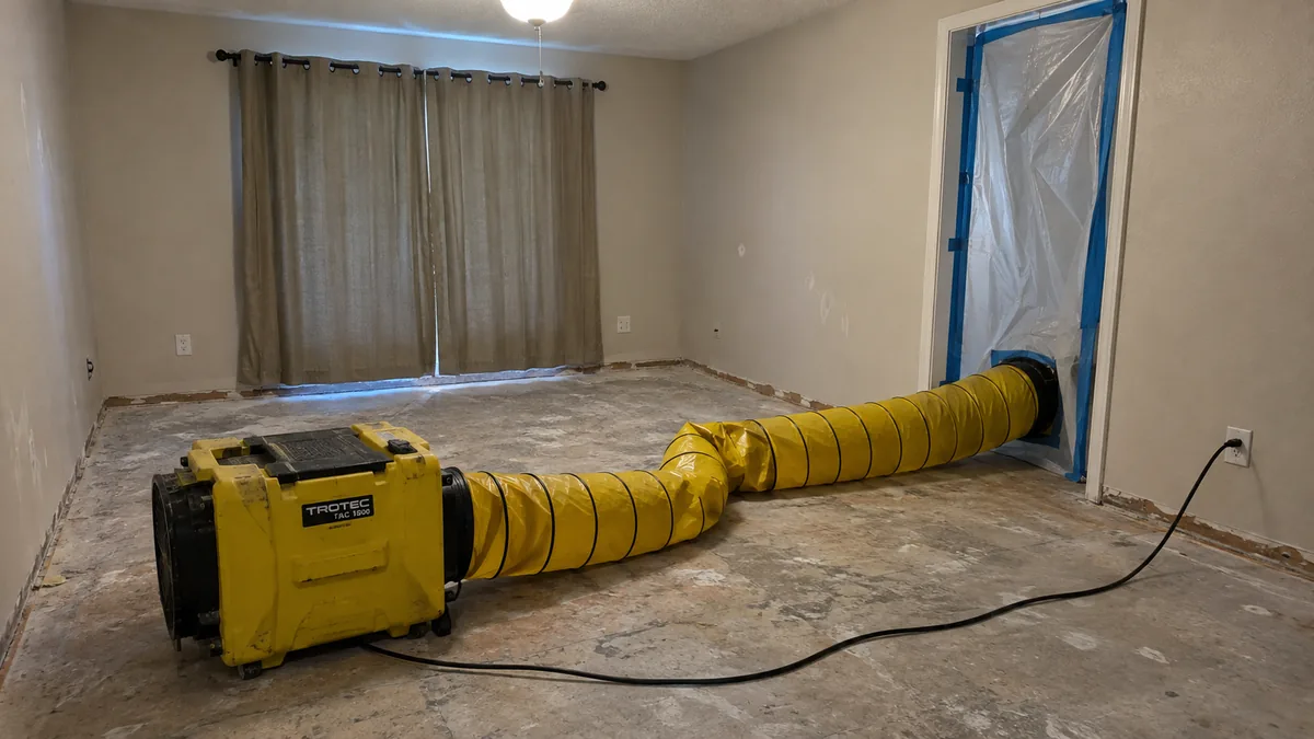 Negative air machine with HEPA filtration running inside a sealed containment area