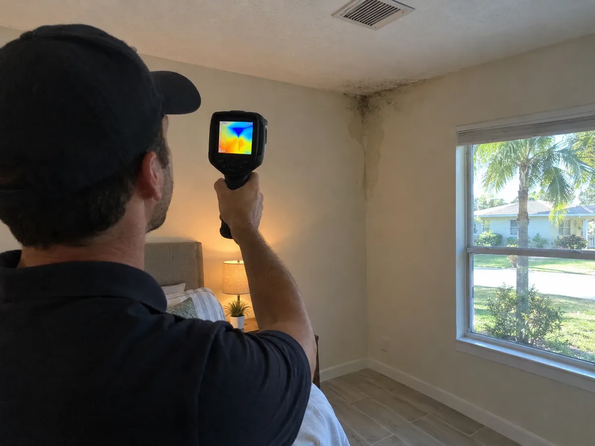 Thermal imaging camera finding damp in a West Palm Beach bedroom ceiling corner